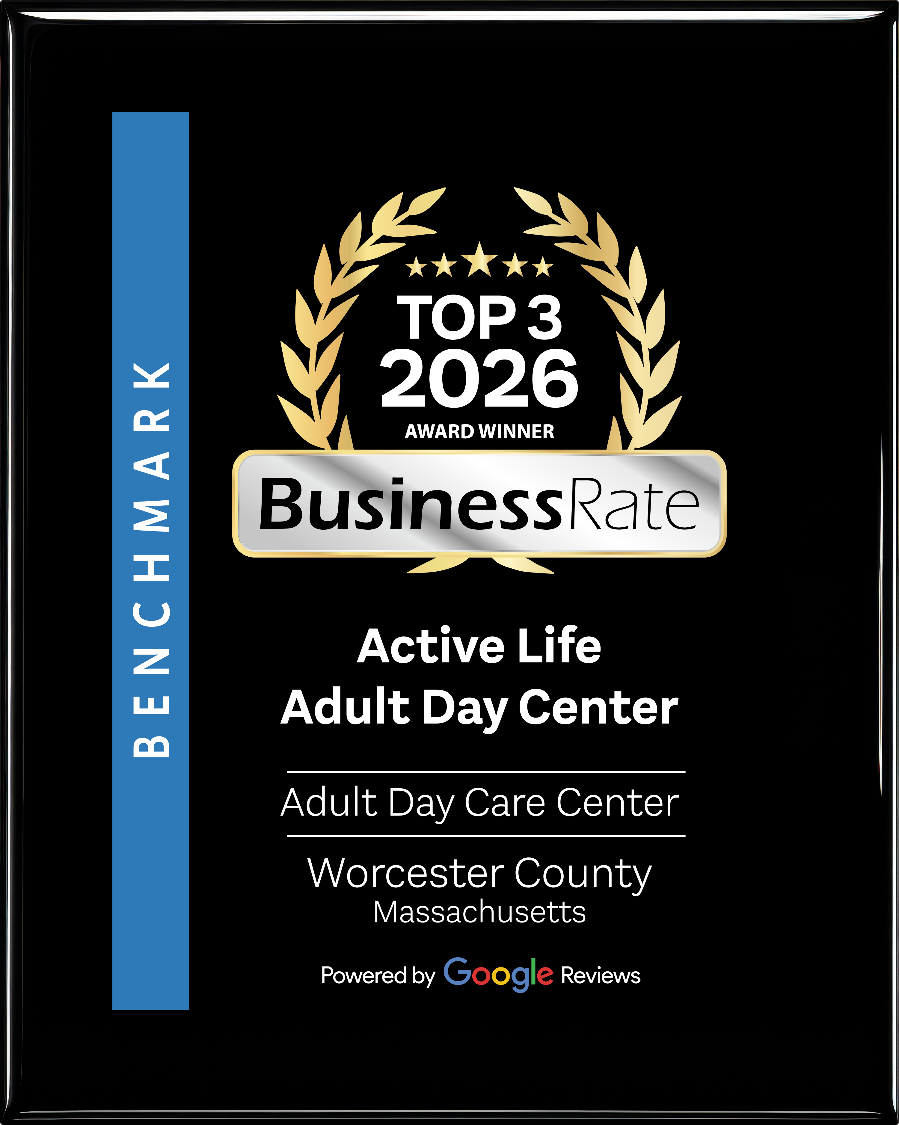 BusinessRate Top 3 2026 Award Winner plaque – Active Life Adult Day Center, Adult Day Care Center, Worcester County, Massachusetts